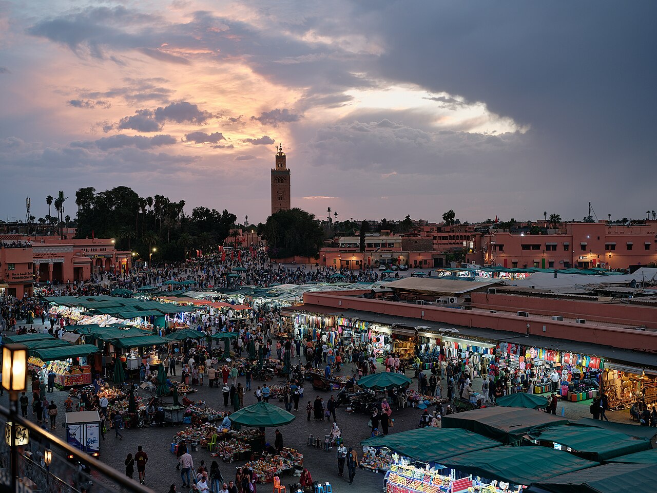 Jemaa el-Fnaa square at sunset, Marrakech, Morocco